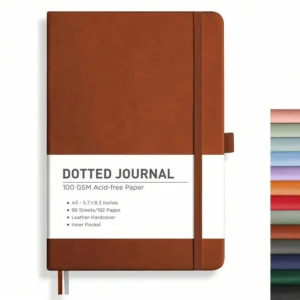สมุดโน้ต A5 สีน้ำตาล ปกหนังแข็งแบบจุด 192 หน้า กระดาษ 100 แกรม สำหรับ Bullet Journal